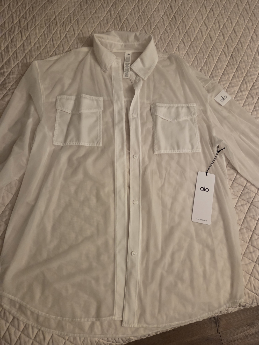 ALO Yoga Sheer White Cropped Button-Down Shirt - Picture 5 of 7
